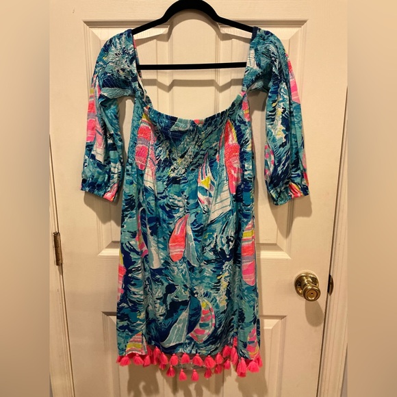 Lilly Pulitzer Trina Beach Mini Dress Tropical Print Pom Pom Detail Woman Large - Picture 10 of 15